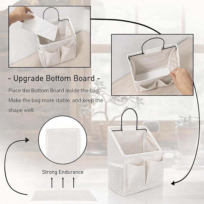 Kanrichu 2pcs Wall Hanging Organizer Bag, Linen Fabric Door Hanging Storage Basket with Pockets, Waterproof Bin for Kitchen, Bedroom, Office, RV Camper (White-Upgraded)