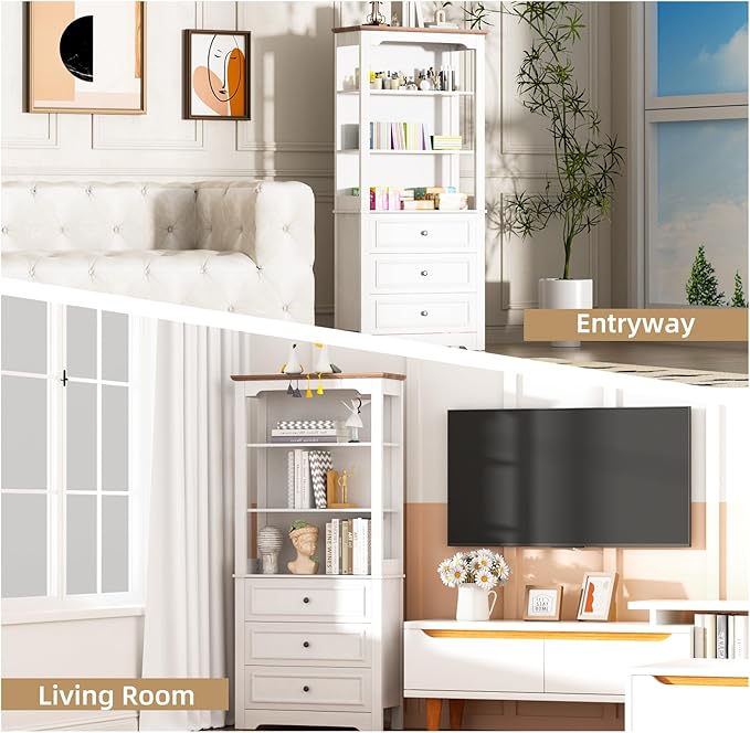 Bookcase 4-Tier Bookshelf with 3 Drawers, Pantry Storage Cabinets, 68'' Freestanding Tall Bathroom Cabinet, Sideboard Microwave Space Cupboard Organizer for Home Office, Retro White