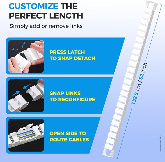 Cinati 52 Inch Vertebrae Cable Management, White Under Desk Vertebrae Cable Management Kit, Adjustable Length Wire Sleeve for Standing Desk, Cord Organizer for Office - 2 Way Mounting (Tape or Screw)