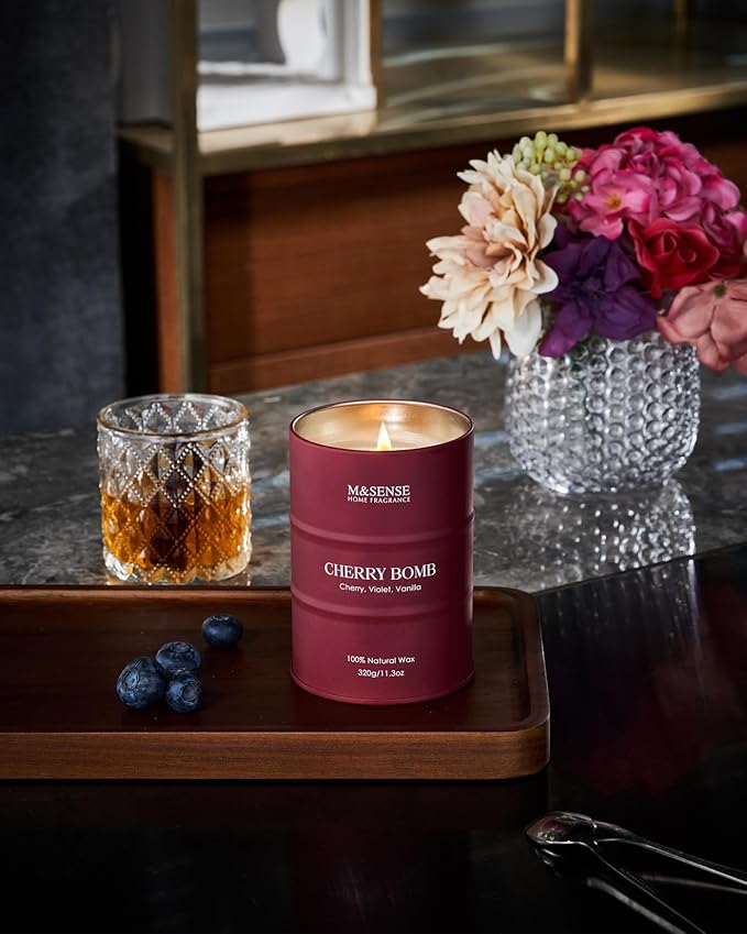 M&SENSE Cherry Bomb Scented Candles, Sweet Candle for Home Scented, Natural Soy Wax Cherry Blossom, Gifts for Women Mom, 11.3 oz 70 Hours Burn
