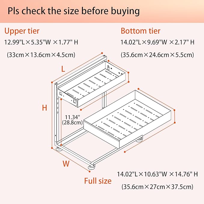 Under Sink Organizer, Bathroom Counter Organizer, 2 Pack 2 Tier L-Shape White, Adjustable Height Carbon Steel, Under Cabinet Storage with Pull Out Drawer, Use for Kitchen Bathroom Office Shop Laundry