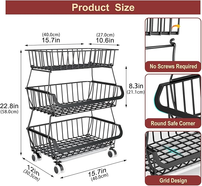 Miyawell 3-Tier Rolling Pantry Cart with Wheels, Stackable Wire Storage Floor Organizer for Kitchen Pantry Snack Shelves, Fruit Basket Stand, Vegetable Storage Rack for Food Snacks Onion Potato