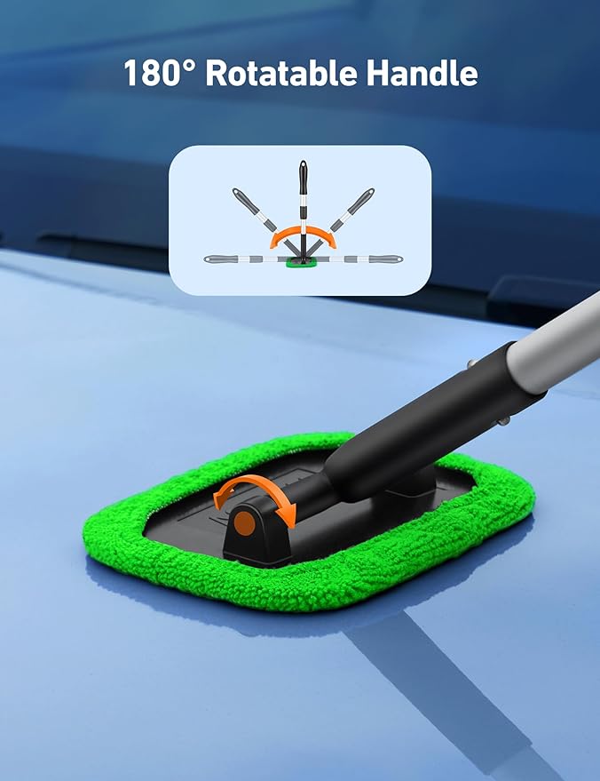 AstroAI Windshield Cleaner Tool, Microfiber Car Window Cleaner with 4 Reusable and Washable Microfiber Pads and Extendable Handle Auto Inside Glass Wiper Kit, Green