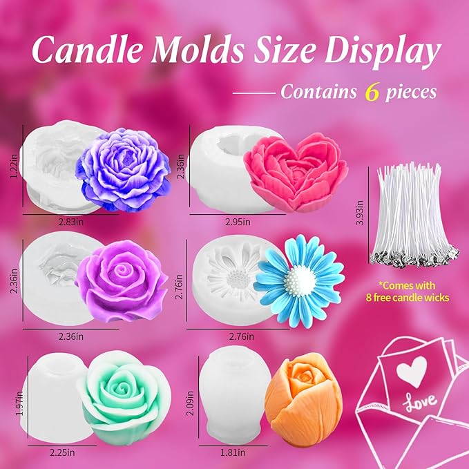 6Pcs Rose Flower Candle Resin Mold Silicone Flower Mold for Candle Making Large 3D Heart Rose Tulip Daisy Peony Valentine Mother Day Silicone Candle Mold for Soy Wax Beeswax Resin Craft