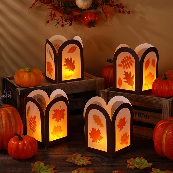 Marspark 24 Sets Thanksgiving Crafts Bulk Turkey Maple Leaf Fall Craft Paper Lanterns Kit DIY Harvest Autumn Lanterns for Home Art Activities Party Decorations(Maple Leaf)