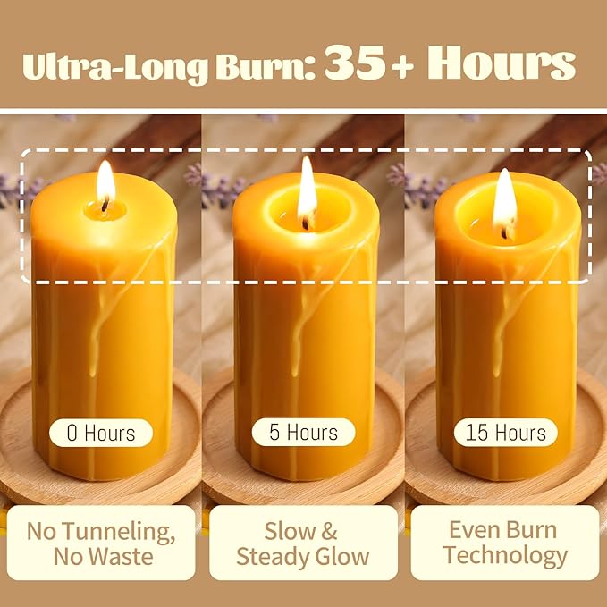 6pcs Natural Beeswax Pillar Candles 2x4inch, Hand-Dripped Pure Beeswax Candles with 210 Hours Long Burning, Dripless Smokeless Organic Pillar Candles for Home Decor, Emergency, Prayer