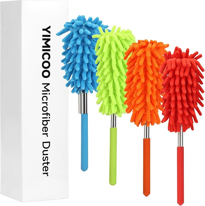 Microfiber Duster for Cleaning, YIMICOO 4PCS Hand Washable Dusters with Extension Pole, Extendable Cleaning Supplies for Home,Office,Car,Window,Furniture,Ceiling Fan
