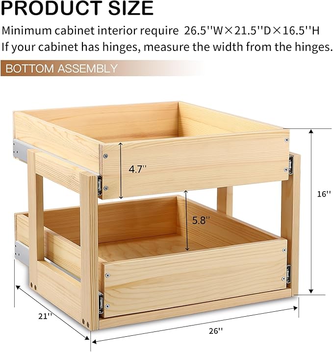 Mulush Pull Out Cabinet Organizer, 26''W×21''D×16''H Soft Close Slide Out Wood Drawer Shelves Storage for Kitchen, 2-Tier, Finished, Heavy-Duty, Bottom Assembly