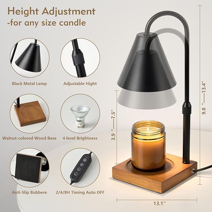 Electric Candle Warmer Lamp with Timer: Candle Warmer Lamp Adjustable Height for All Size Jar Candles, Dimmable Candle Warmer Light with 2 Bulbs for Bedroom Home Decor, Gifts for Women, Black