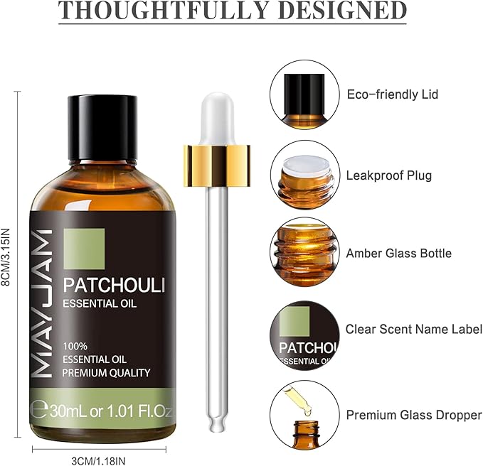 MAYJAM Patchouli Essential Oil, 1.01FL.OZ Essential Oils, Use with Diffuser, During Yoga, Massage, Bath, Patchouli Oil(30ml)