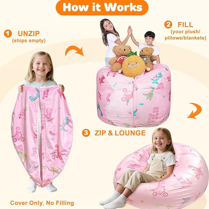 Lukeight Dinosaur Stuffed Animals Storage Bean Bag Chair Cover Only (Ships Empty, No Filling) - Velvet YKK Zipper Beanbag Cover for Kids Big kids, Washable Plush Toy Organizer, X-Large 30" D x 18" H