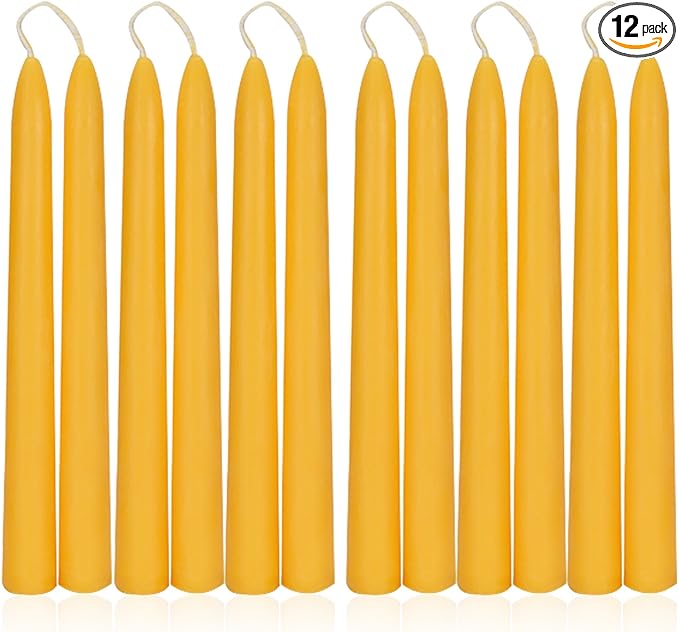 100% Pure 8 Inch Natural Bees Wax Taper Candlestick 12Pack - 8 Hours Long Burning, Smokeless, Dripless and Unscented for Home Decor Party Dinner