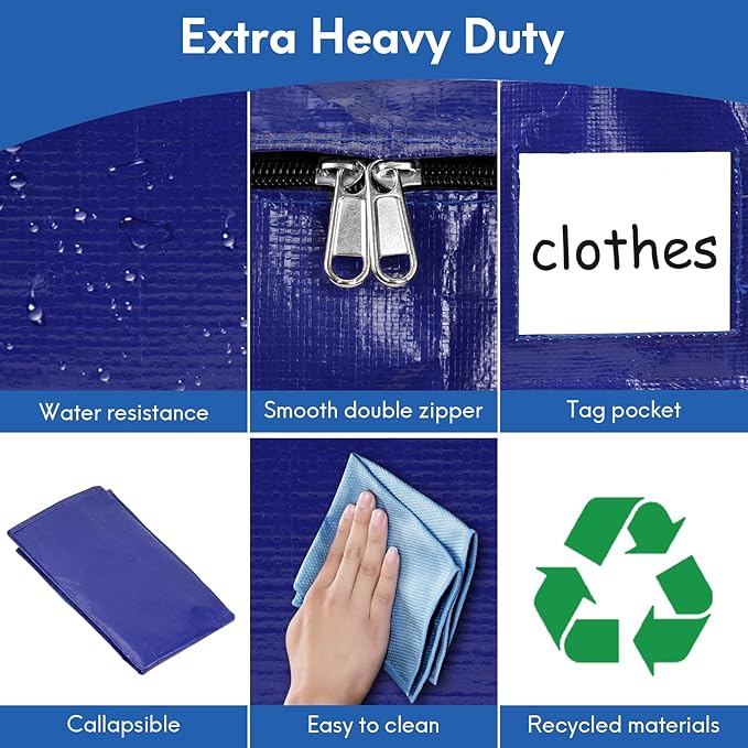 2-Pack Extra-Large Heavy-Duty Storage Totes with Reinforced Handles, Durable Zippers & Waterproof Material — Perfect for Space-Saving, Moving, Shipping and Travel (BlUE)