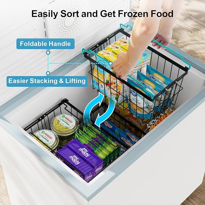 iSPECLE Freezer Organizer Bins - 3 Pack Adjustable Width for 5 to 7 Cu.Ft Chest Freezers, Stackable Freezer Wire Storage Baskets for Deep Freezer Organization, Assembly Required, Black