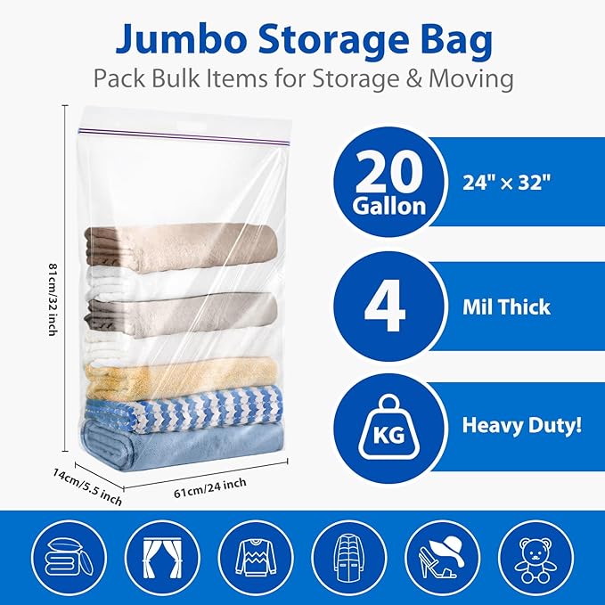 20 Gallon Jumbo Zipper Storage Bags, Pack of 12, Clear Plastic Storage Bag with Handle, 24 x 32 Inch Heavy Duty Ziplock Storage Bag Resealable Large Bag with Zipper Top for Moving and Bedding, 4 Mil