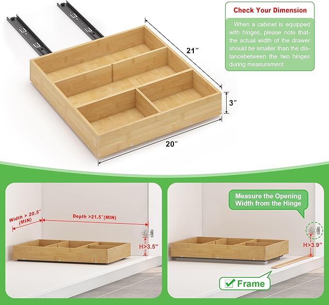 No Drill Pull Out Drawers for Cabinets, 20" W x 21" D Bamboo Adhesive Cabinet Organizer, Slide Out Shelves for Kitchen Pantry Bathroom Storage