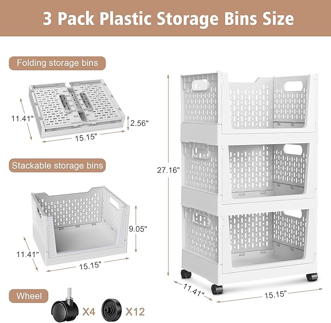 Stackable Storage Bins, Folding Collapsible Closet Organizers and Storage Bins Box, Plastic Shelves Drawer Organizer Container for Closet Office Bedroom Kitchen Bathroom with Wheels, White, 3 Pack