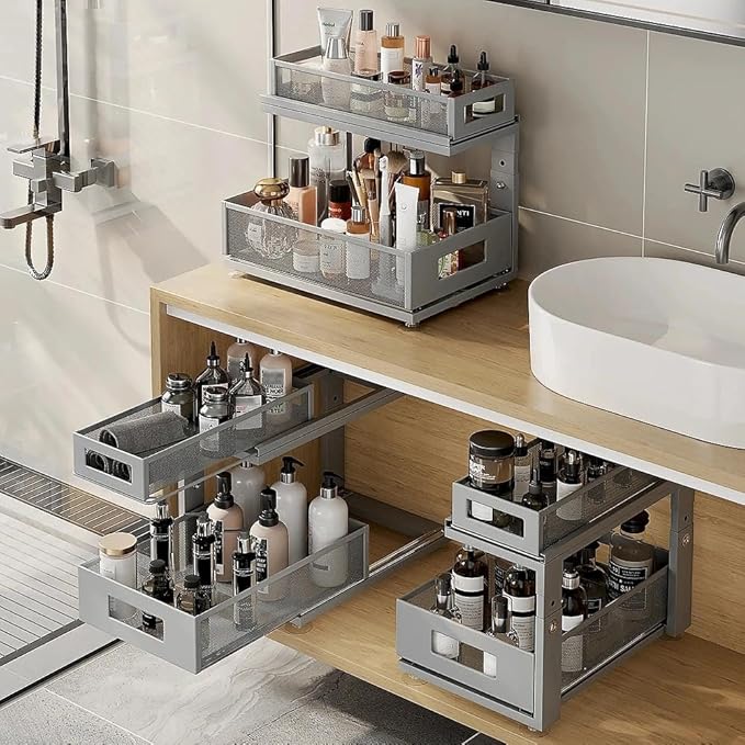 1 Pack Under Sink Organizer With Next-Gen Ball-Bearing Slides,2-Tier Pull Out Cabinet Storage,Height Adjustable Drawer Shelf for Bathroom,Kitchen,Laundry,Cabinet,Pantry-Gun Gray