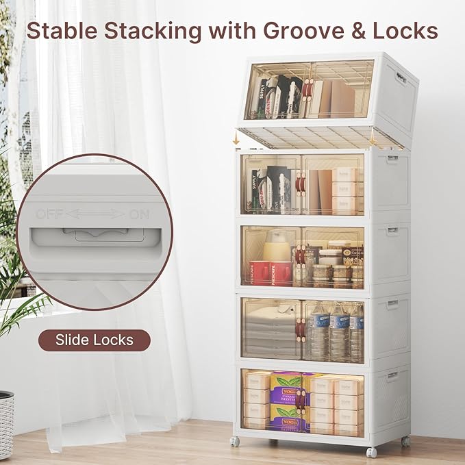 UAMFURI Stackable Storage Bins with Lids, 240QT Closet Organizers, Lockable Storage Cabinet, Foldable Storage Box with Doors and Wheels, Plastic Drawers for Home, Garage, Office (5, White, Medium)