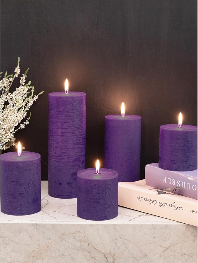 CANDWAX Purple Pillar Candles 3x8 Inch – Set of 2 Unscented Dripless Large Candles, Rustic Finish for Weddings, Events, Interior Styling