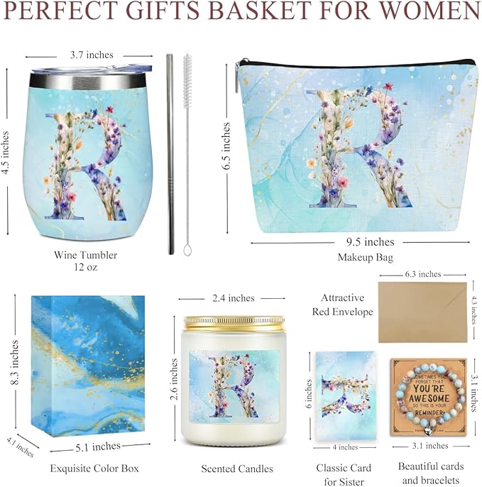 Personalized Gifts Monogrammed Birthday Gifts for Women, Mommy, Female Going Away Farewell Christmas, Initial Wine Tumbler Makeup Bag Scented Candle Bracelet Set, (Aesthetic Blue Flower R)