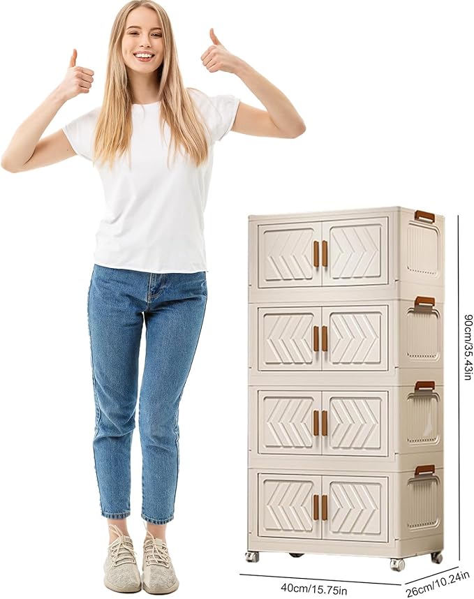 4-Tier Stackable Storage Bins with Lids 94QT Plastic Large Collapsible Storage Containers with Wheels and Magnetic Doors Foldable Closet Organizers for Bedroom Dorm Garage Home Office, White