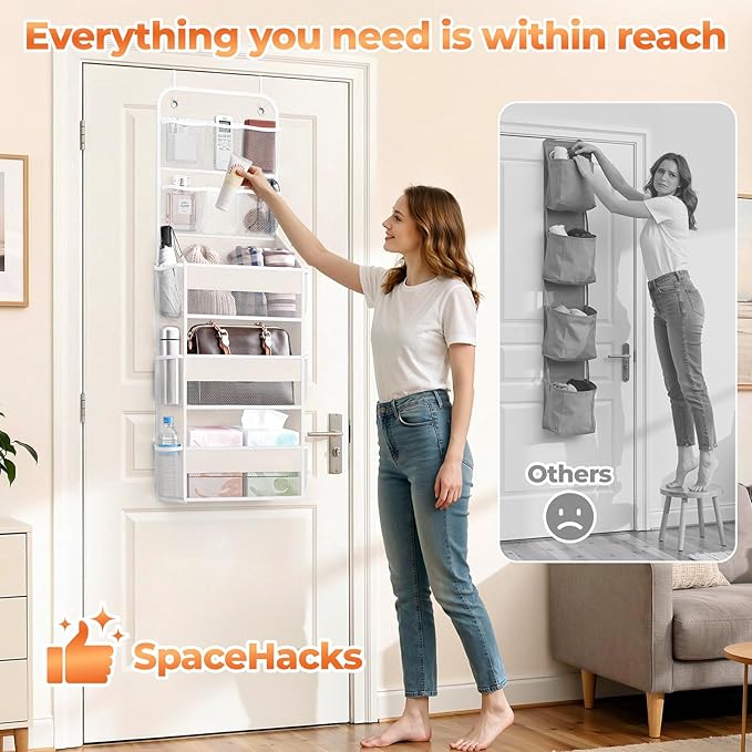 5-Tier Over the Door Organizer with Mesh Pockets, Baby Nursery Storage for Closet, Bathroom and Bedroom, Adjustable Hanging Closet Organizer for Cosmetics, Books and Essentials (Beige)