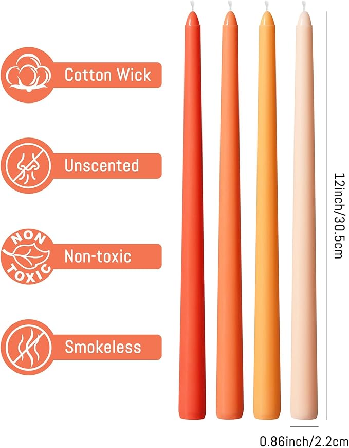 Viyffo 12 Inch Orange Taper Candles 4 Pack Unscented Smokeless Long Tall Tapered Candles for Candlesticks Sticks Wedding Home Decor Dinner