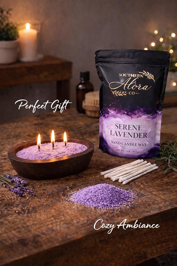 Candle Sand Wax 1 LB – Southern Alora Sand Candles with Wicks – Wax Beads with 10 Cotton Wicks – Refillable DIY Candle Kit for Wedding Centerpieces, Table Decor & Home Decor – Lavender Serenity