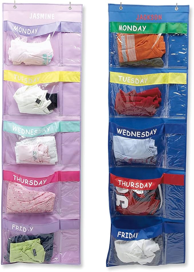 Lillian Vernon Pastel Colors Days Of The Week Hanging Clothing Organizer – Personalize With Name, Weekly Monday-Friday Over Door Weekday Kids Clothes Storage System, Sturdy Pastel Poly, 19-1/2" x 62"