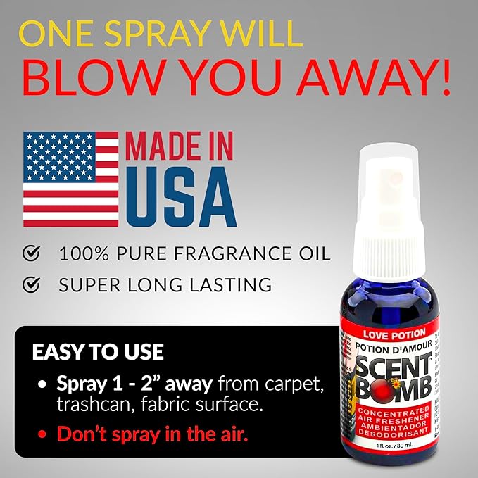 Scent Bomb Air Freshener Spray, Long-Lasting Odor Eliminator - Effective Deodorizer for Home & Car, Fresh Room Spray for Kitchen, Bathroom & Smell Neutralizer - 1 oz Pack of 4, Love Potion Scent