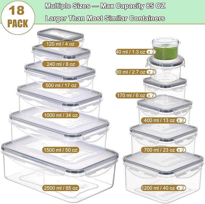 Taiuloo 18 Pack Airtight Food Storage Containers with Lids, BPA-Free Plastic Kitchen Fridge Organizer for Salad Fruit & Vegetable, Reusable Leakproof Meal Prep Lunch Boxes, Freezer & Microwave Safe