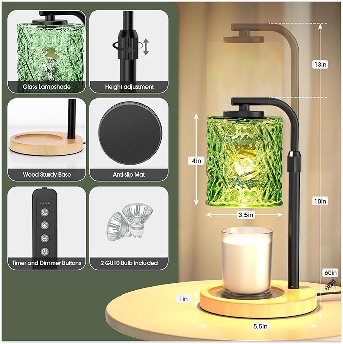 Candle Warmer Lamp with Timer and Dimmer Dimmable Candle Lamp with Glass Lampshade Candle Warmer with Adjustable Height Wax Melt Warmer for Women Home Decor, 2 Bulbs Included,Gifts Christmas