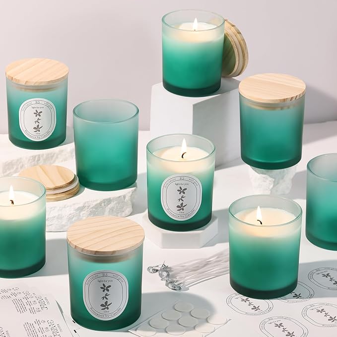 REISEN 12Pcs Gradient Green Candle Jars for Making Candles, 10oz Glass Jars with Bamboo Lids, Candle Wick Kit and Sticky Warning Labels, Candle Containers Vessels for DIY Gifts