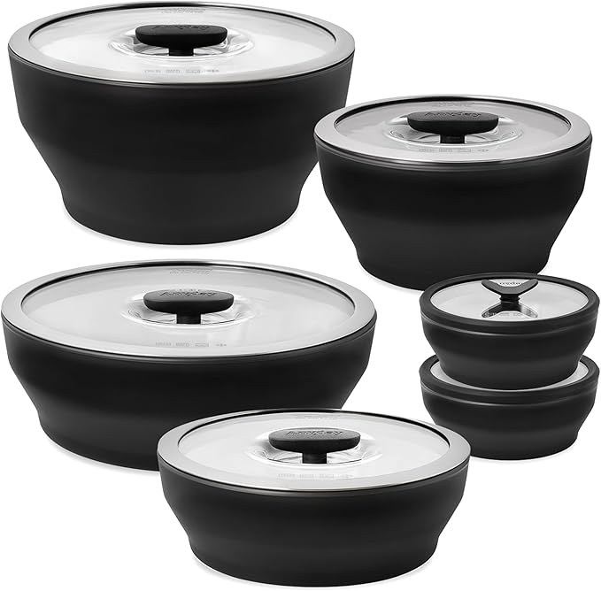 Anyday Onyx Collection 12-Piece Glass Food Storage with Glass Lids | Microwave Cookware Set & Plastic-Free Meal Prep | Stackable Airtight Storage Containers & Microwave Steamer with Vented Lid