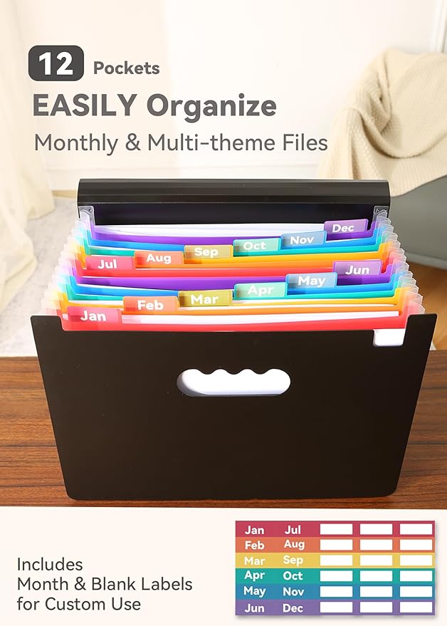 SortRax Accordion File Organizer 12 Pockets, Monthly Bill Receipt Tax Organizer, Expanding File Folders with Larger Bright Tabs, Fits Letter/A4 Size - Black