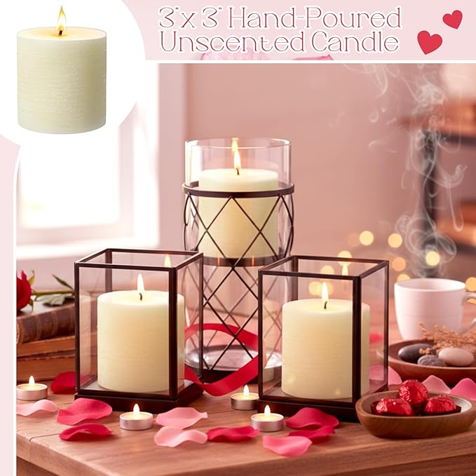 Sumind Valentine's Day Handmade 3x3 Inch Pillar Candles Set of 3, 24 Hour Long Burning Unscented Rustic No Drip Ivory Candles Hand Poured for Spring Home Decor, Weddings, Parties,Dinner,Church(White)
