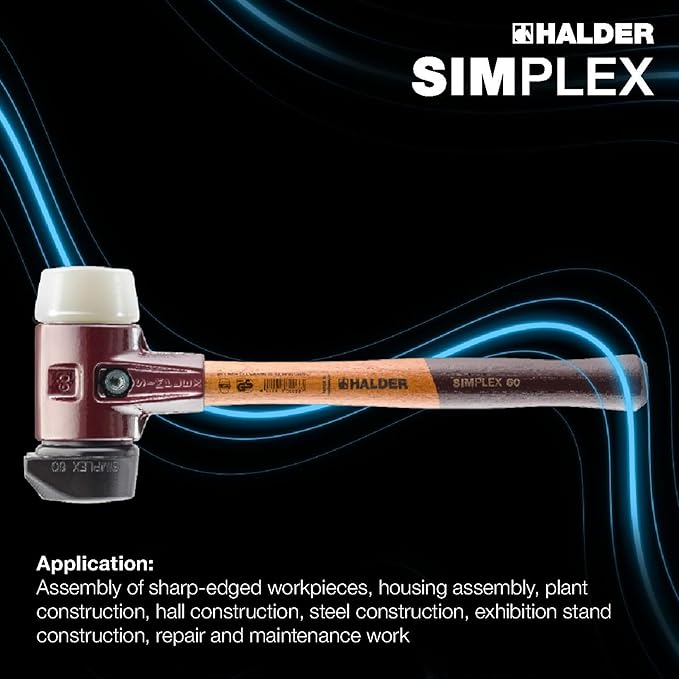 Halder Simplex Soft-Faced Mallet 3028.280 – Medium-Hard "Stand-Up" Rubber Insert, Nylon Insert, Cast Iron Housing with Handle Protection Sleeve, Varnished Wooden Handle, 80mm, 6.5 lbs.