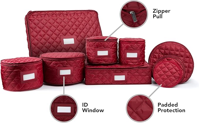 Covermates Keepsakes Dish Storage Set – Padded China & Dinnerware Storage Cases with Dividers, Cup & Stemware Storage, Quilted Polyester Protection, ID Window, Red