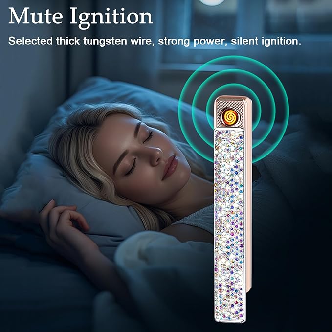 Electric Lighter, Luxury Bling Rhinestone Type-C Rechargeable Lighters with Pull-Out Ignition, Windproof Flameless Thickened Tungsten Ignition Electronic Lighter for Girls, Women Gifts-Silver