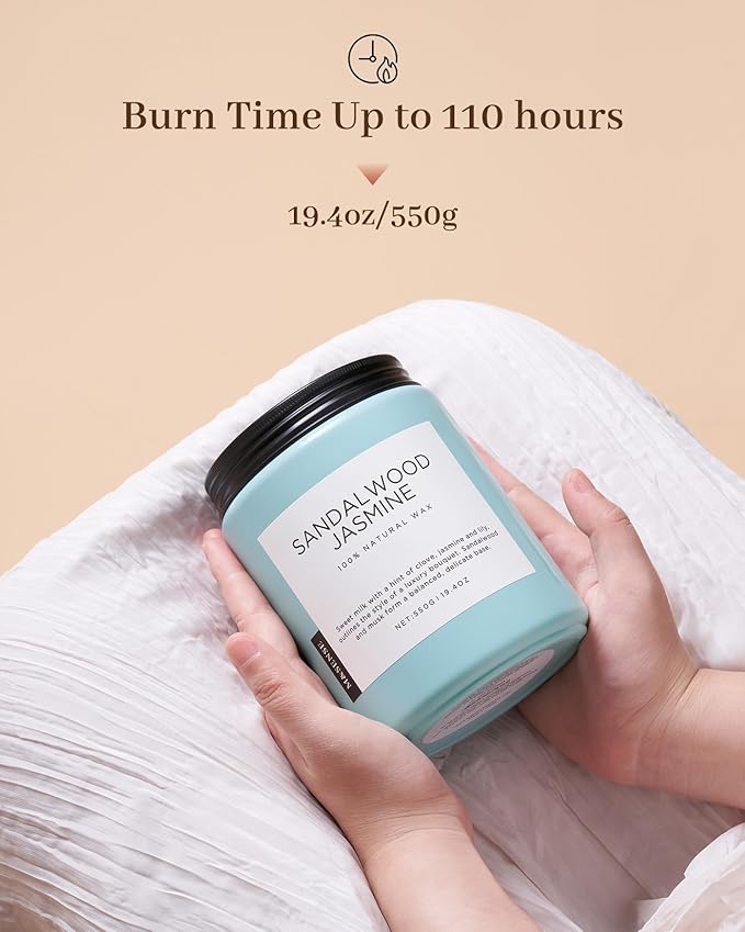 M&SENSE Sandalwood Jasmine Scented Candles for Home, 19.4oz Natural Soy Wax, 110-Hour Long Lasting, Non Toxic Soy Candles Clean Burn, Spring Smelling for Mom, Aromatherapy Gifts for Housewarming