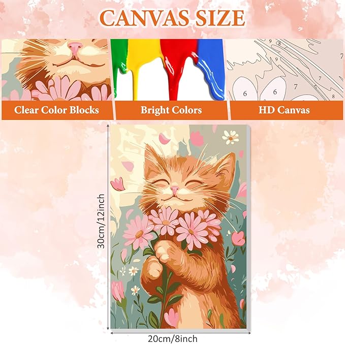 NAIMOER Cat Flower Paint by Numbers Kits for Adults Beginner with Wooden Framed, Color by Numbers on Canvas Painting Kits for Adults, Easy Paint DIY Acrylic for Home Wall Decor 8X12 Inch