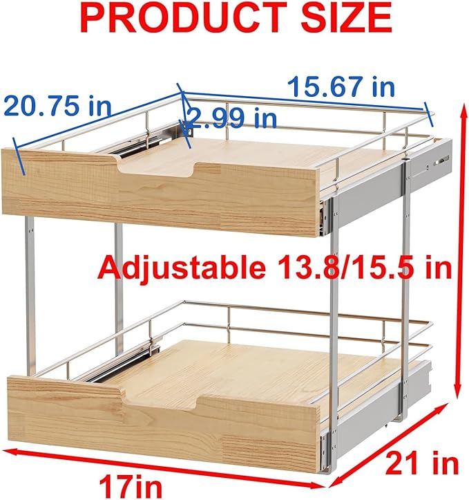Sikarou Pull Out Cabinet Organizer,Heavy-Duty Slide Out Shelf, Wood and Wire Basket, Pull Out Drawer for for Kitchen Under Sink Space, Pantry, Bathroom, 2 Tie 17 * 21 in