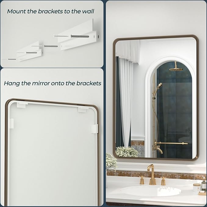 OKPAL 60x36 Bathroom Vanity Mirror for Wall, Large Bronze Framed Mirror with Brushed Metal Frame, Rounded Bronze Rectangle Mirror, Shatterproof, Anti-Rust (Horizontal/Vertical)
