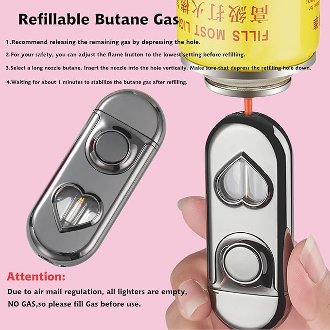Torch Dual Flame Lighter with 6pcs Flint Stone, Windproof with Visible Gas Window, Adjustable Soft & Jet Flame, Refillable Butane for Indoor/Outdoor - Color Ice