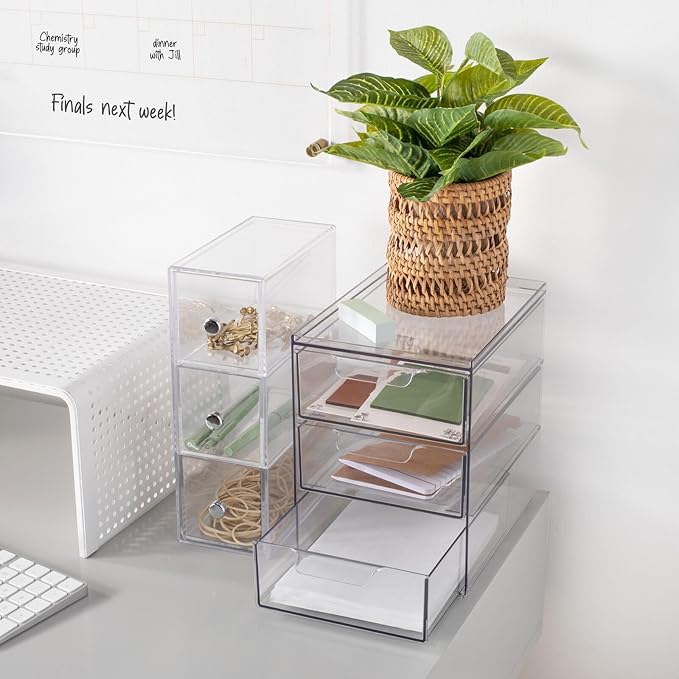 mDesign Plastic Stackable 3-Drawer Kitchen Storage Organizer - Bin with Divided Pull-Out Drawers for Pantry, Shelf, Fridge/Refrigerator, and Freezer Organization - Lumiere Collection - Clear
