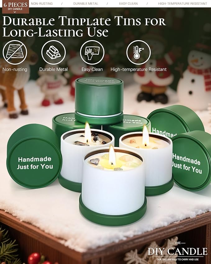 Quikobo 6 Pack 4oz Green Candle Tins with Lids - Durable Matte Tinplate Containers for DIY Candle Making and Multi-Purpose Storage