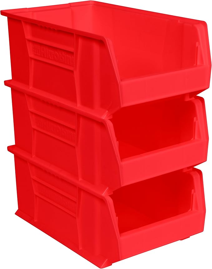 Akro-Mils 30281 Super-Size AkroBins Plastic Storage Bins, Space-Saving Stackable Bins for Garage, Classroom, Warehouse Organization, 20" L x 12" W x 8" H, Red, 3-Pack