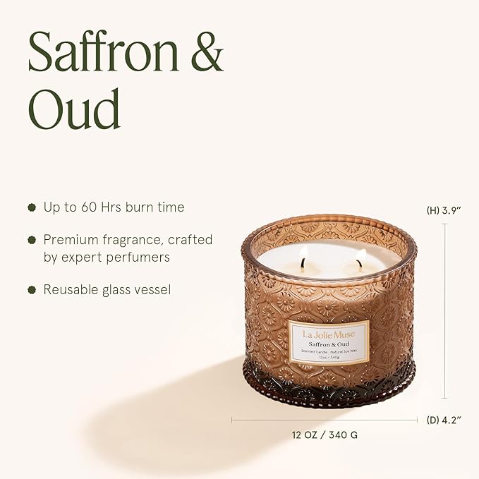 LA JOLIE MUSE Saffron & Oud Candle - Incense, Oud, Red Saffron | 12 oz Large 2-Wick Soy Wax Candle | 60 Hours Clean Burn | Gift-Ready for Hosts & Gatherings | Elegant Home Décor