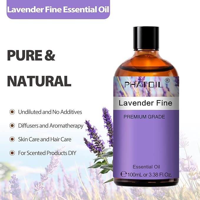 PHATOIL Lavender fine Essential Oil, Pure Premium Natural Oil for Hair Care, Body Skin Care, Aromatherapy, DIY Candle, Soap Making 3.38Fl Oz